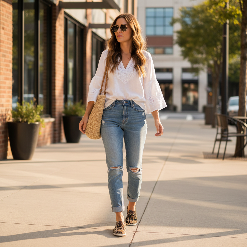 Woman wearing leopard print slip-on flats with jeans and white linen top, walking on sunny urban sidewalk