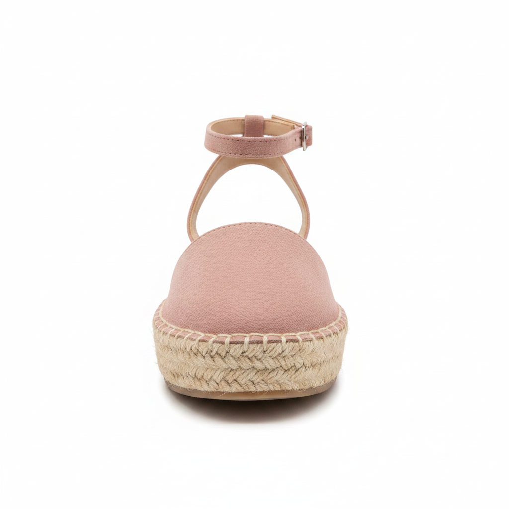 Women's mauve suede closed toe espadrille flatform sandal with ankle strap buckle front view - BellanBlue