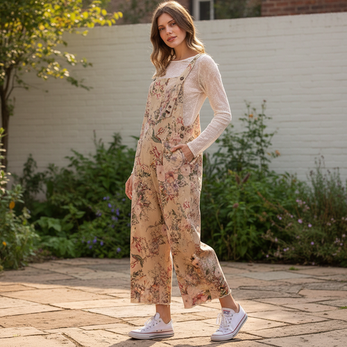Blue Velvet women's taupe floral wide-leg overalls styled on a garden patio - BellanBlue
