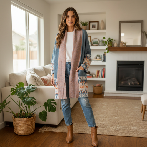 Woman wearing color-block Aztec cardigan - lifestyle photo showing bohemian layering style