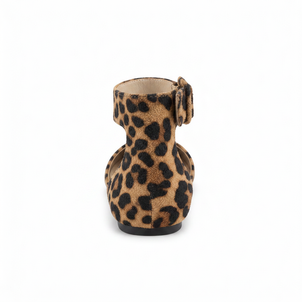 Faryl Robin BLUSH-100 leopard flat, straight rear view showing adjustable ankle strap and bow detail on white background