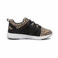 Women's camel leopard print lace-up sneaker with black mesh panels and white ribbed sole, side profile view, white background - BellanBlue