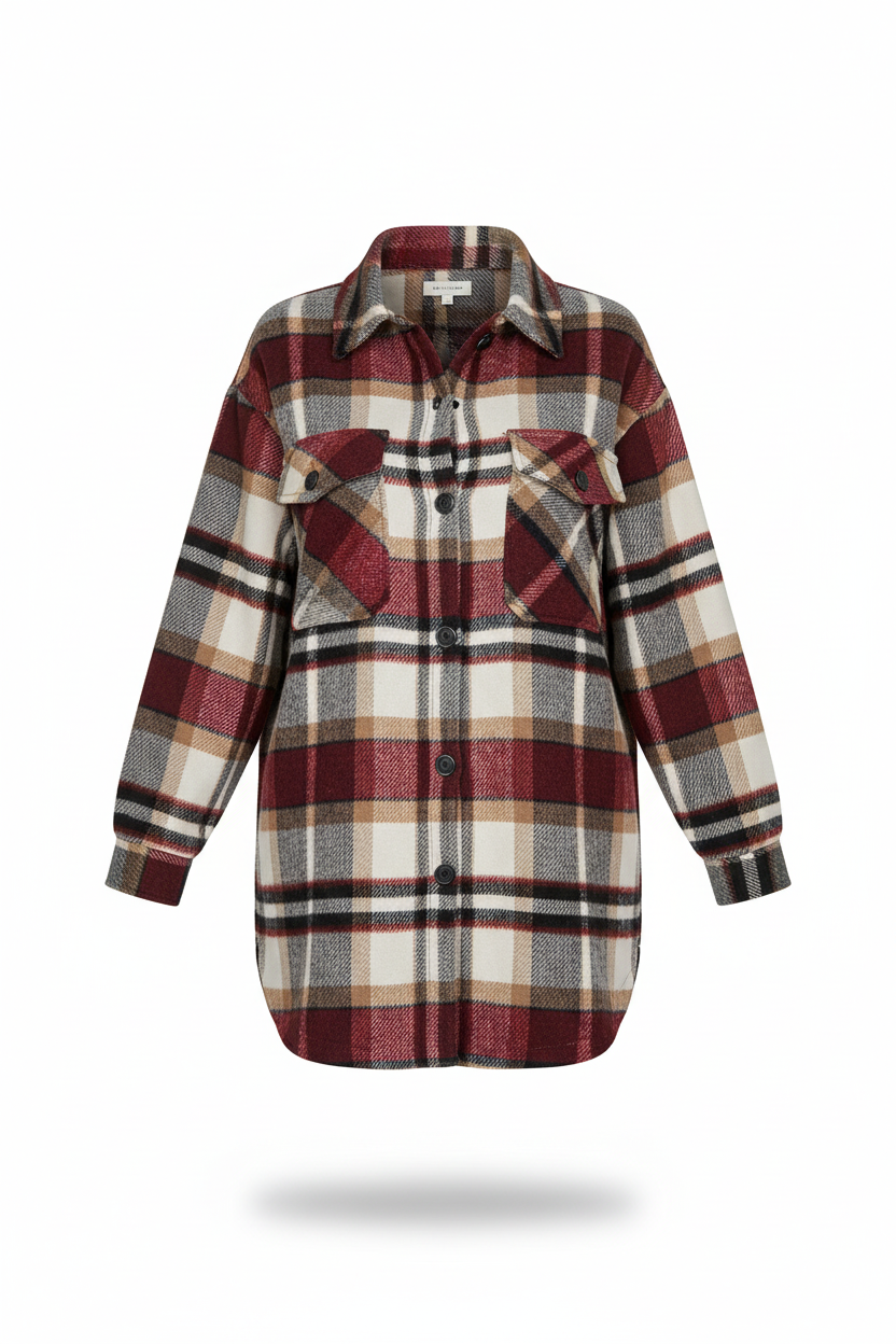 Burgundy red cream and gray plaid flannel shacket front view with button placket and chest pockets floating on white background