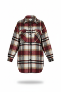 Burgundy red cream and gray plaid flannel shacket front view with button placket and chest pockets floating on white background