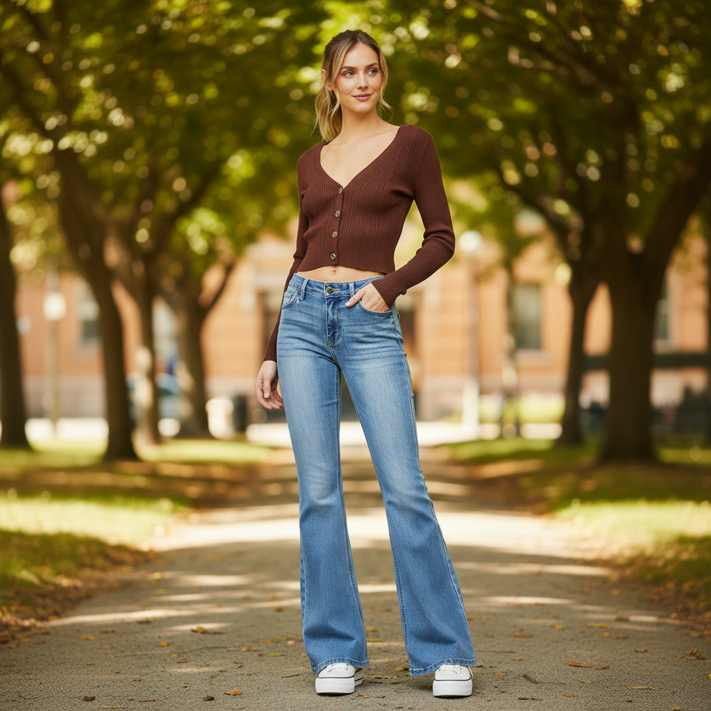 Woman wearing Kancan high-rise flare jeans styled with brown cardigan - lifestyle photo showing retro flattering fit