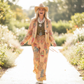 Women's apricot floral patchwork open blazer in motion, crochet trim, lightweight ribbed cotton, bohemian oversized fit