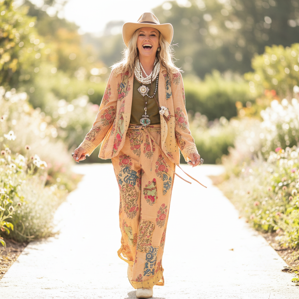 Women's apricot floral patchwork open blazer in motion, crochet trim, lightweight ribbed cotton, bohemian oversized fit