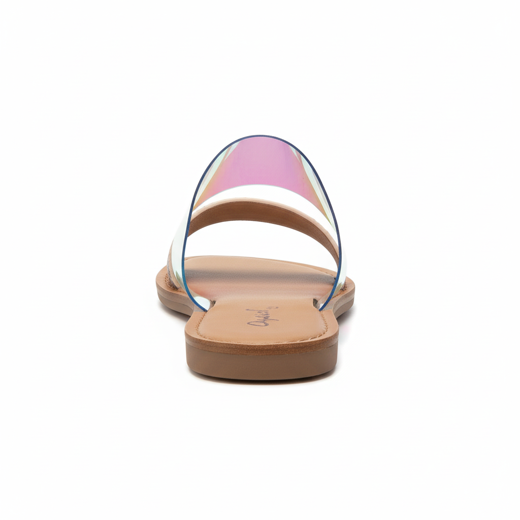 Back view of Qupid Athena flat sandals showing flat heel construction and iridescent holographic material
