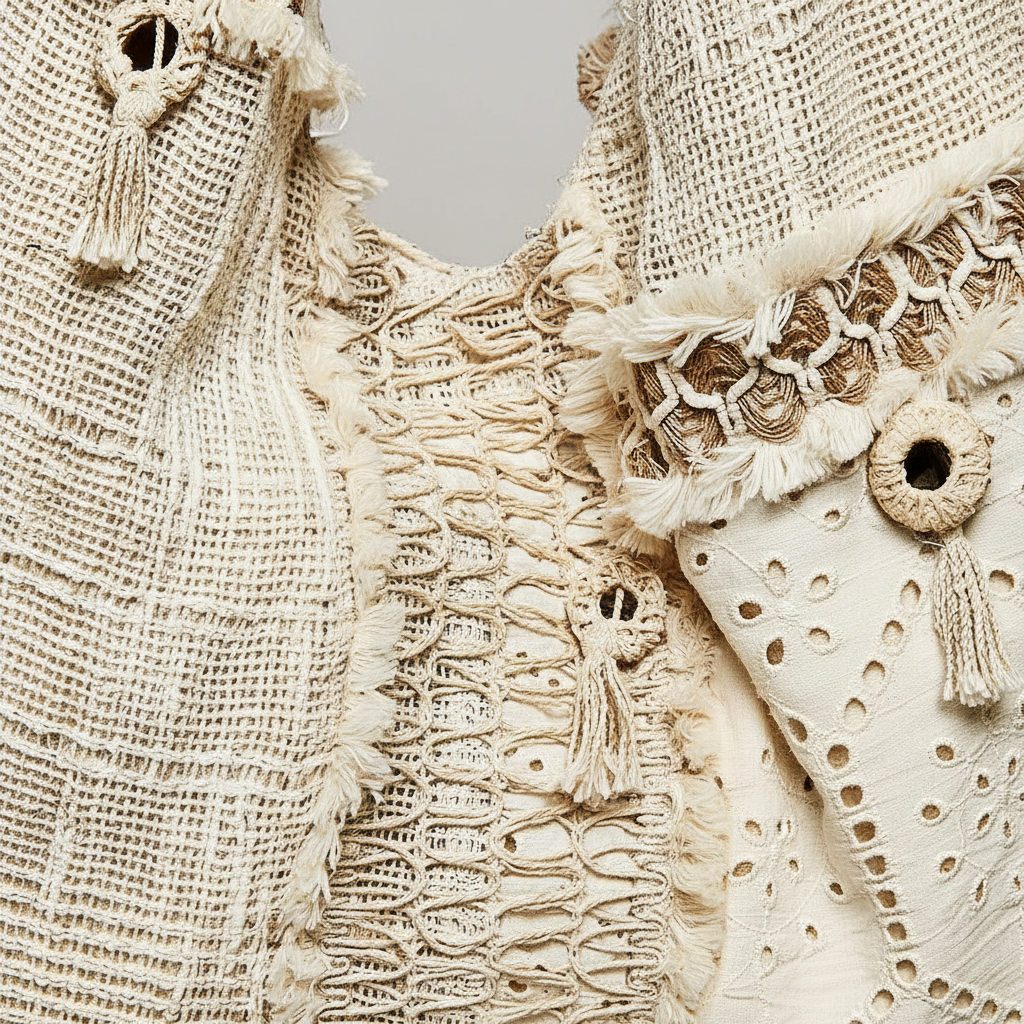 Close-up of women's cream patchwork hobo bag showing open-weave mesh smocked eyelet fabric and fringe tassel detail