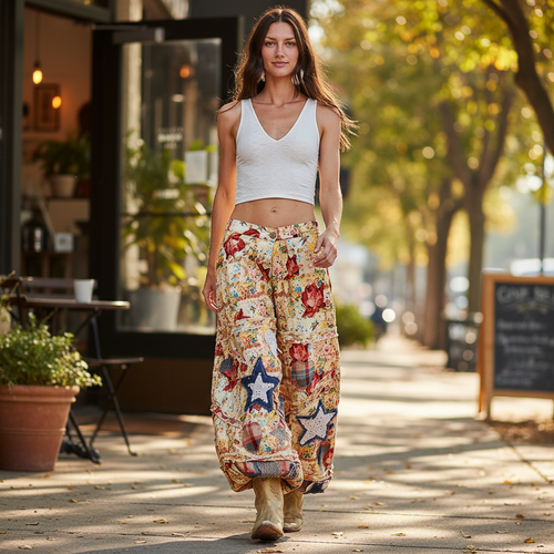 POL Clothing Women's Coral Multi POL Floral Patchwork Jogger Pants with vintage wash floral patches against stone wall