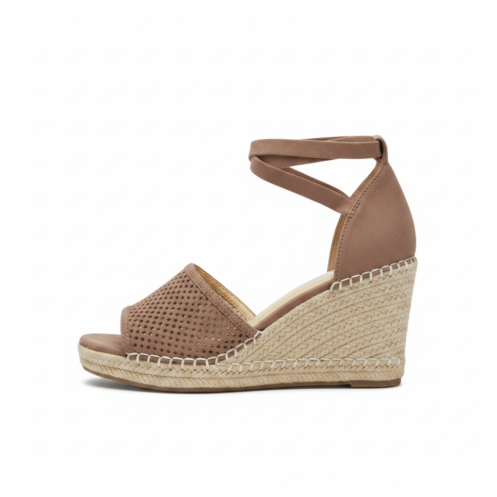 Taupe perforated suede espadrille wedge sandal, inner-side profile view showing smooth suede heel counter and jute wedge sole
