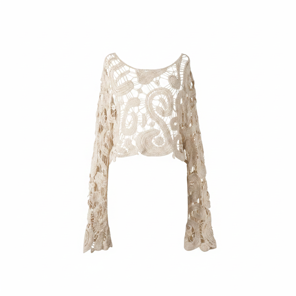 Women's beige paisley crochet crop top front view scoop neckline bell sleeves sheer open-weave