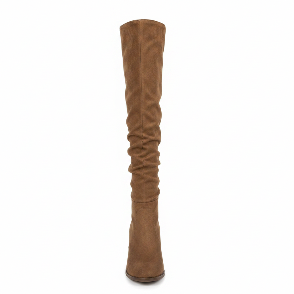 Women's coffee brown stretch faux suede over-the-knee slouchy boot with ruched shaft round toe and stacked block heel front view white background