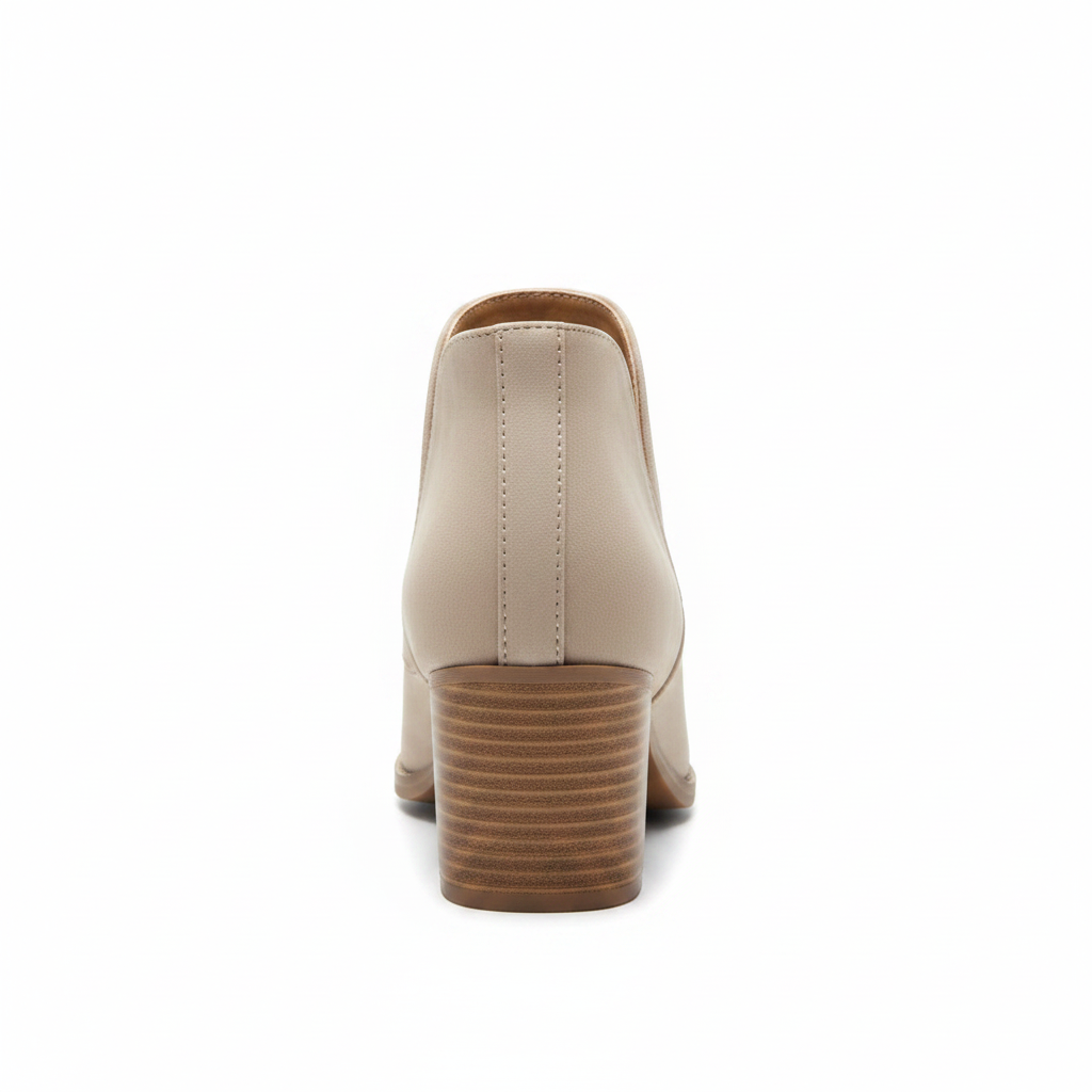 Back view of women's light taupe perforated nubuck peep toe bootie showing stacked wrapped block heel detail white background