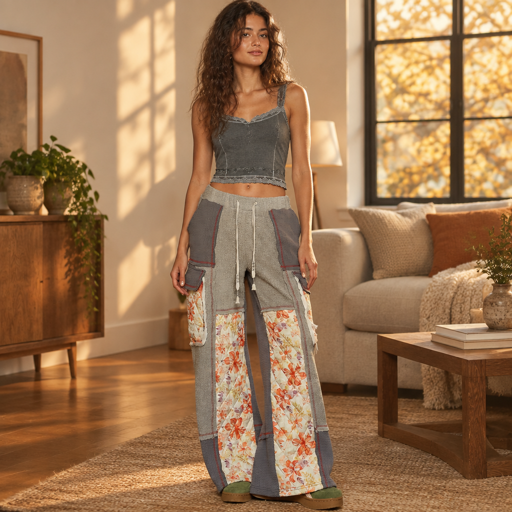 POL Clothing women's grey floral patchwork thermal wide-leg pants styled in a cozy living room