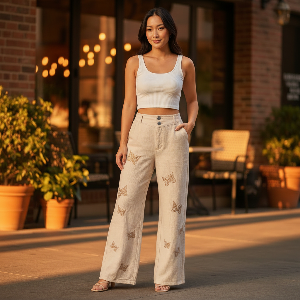 Women's ivory wide-leg cotton trousers with butterfly embroidery, styled with crop tank, worn by Asian model at cafe