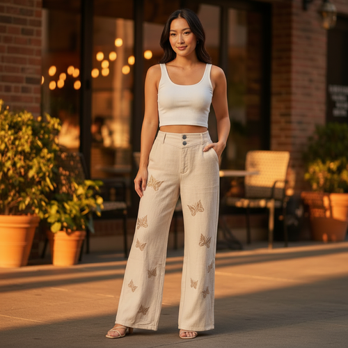 Women's ivory wide-leg cotton trousers with butterfly embroidery, styled with crop tank, worn by Asian model at cafe