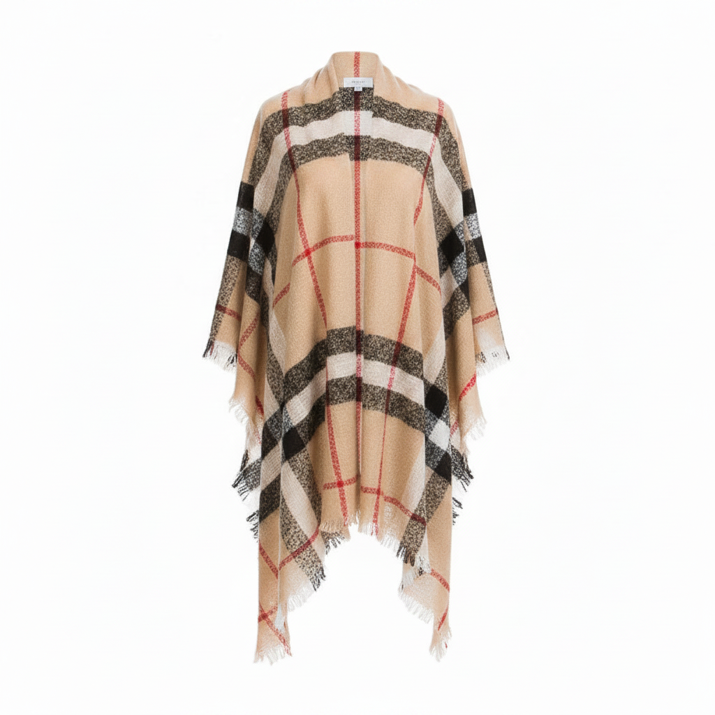 Women's plaid fringe shawl wrap, front view with back panel visible, camel tan and black plaid, fringe hem
