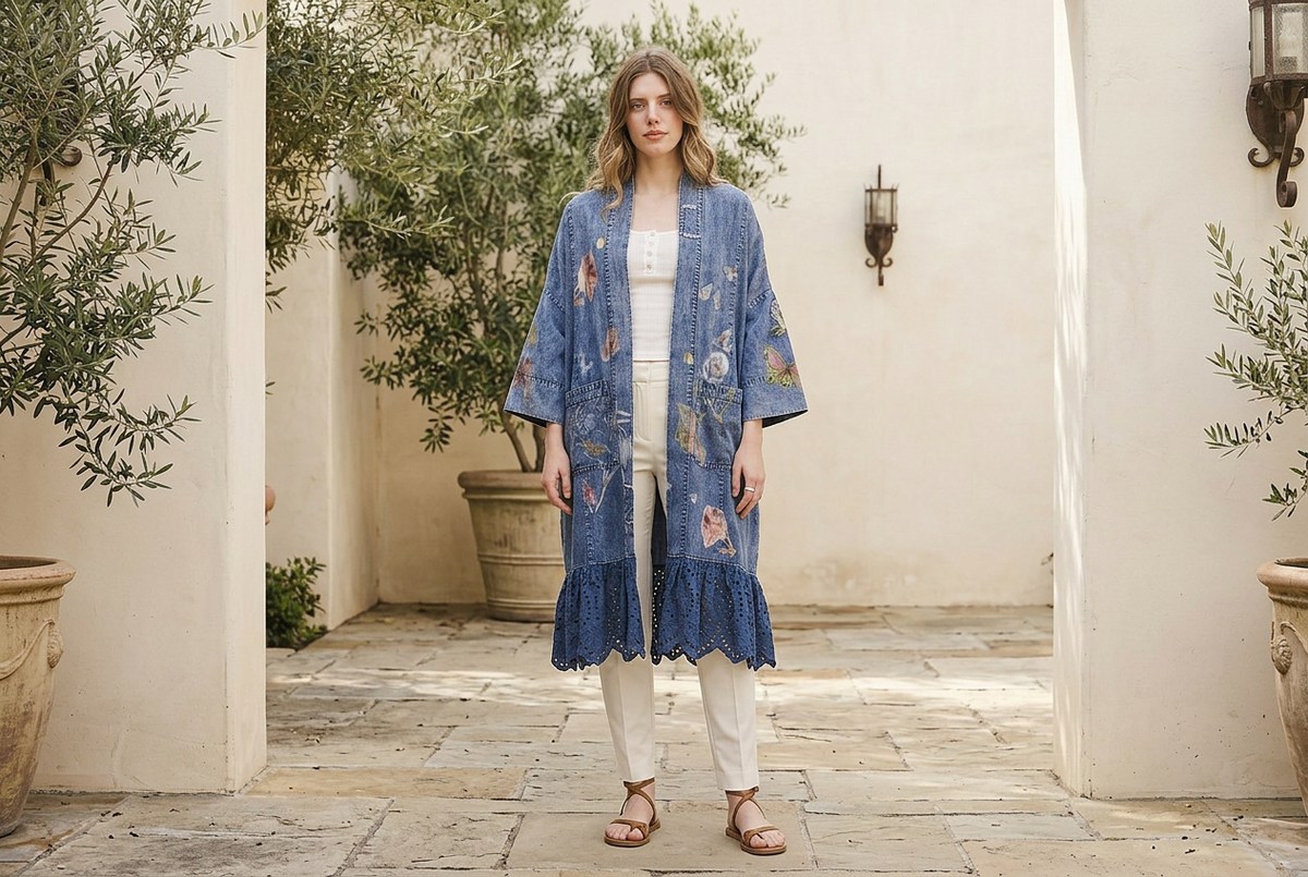 Blue Velvet women's blue floral butterfly kimono styled with ivory trousers in a stucco courtyard