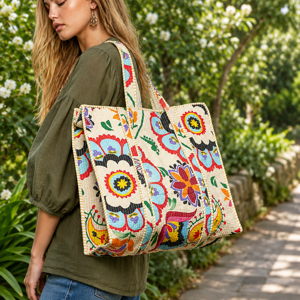 POL Clothing women's Cream Multi quilted cotton tote with colorful print, shoulder close-up