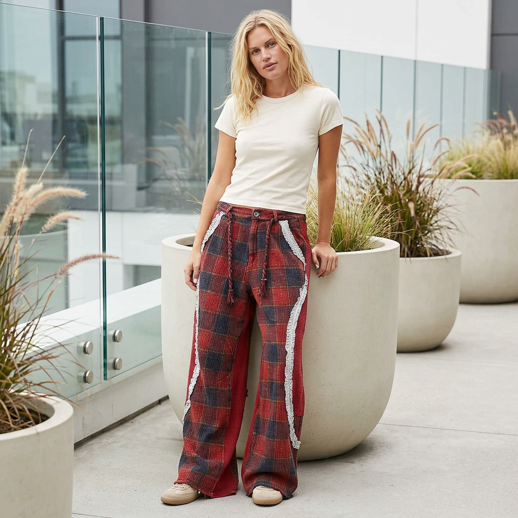 Wine patchwork wide-leg pants with ivory lace, worn on a modern glass-railed terrace