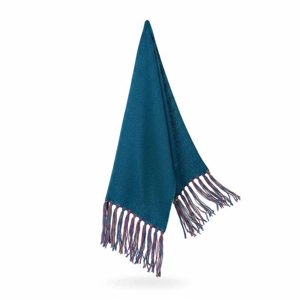 Women's cobalt blue knit scarf wrap, side view, full length and drape, multicolor boho fringe ends