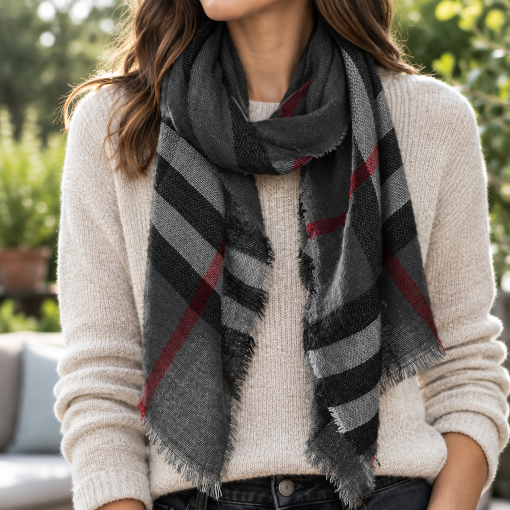 Close-up of ILLord black plaid scarf knotted at chest, woven texture and fringed edge