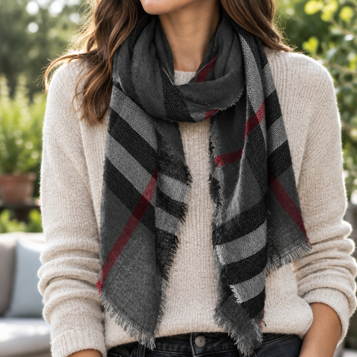Close-up of ILLord black plaid scarf knotted at chest, woven texture and fringed edge