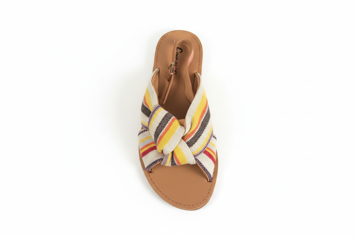 Women's striped slide sandals top view showing cross-strap design and cushioned footbed