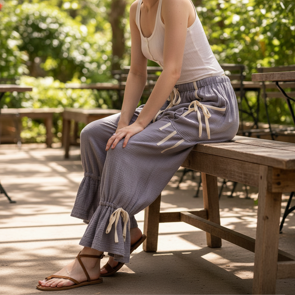 Bluevelvet women's denim blue crinkle gauze bloomer pants with ruffle hem, outdoor brunch setting
