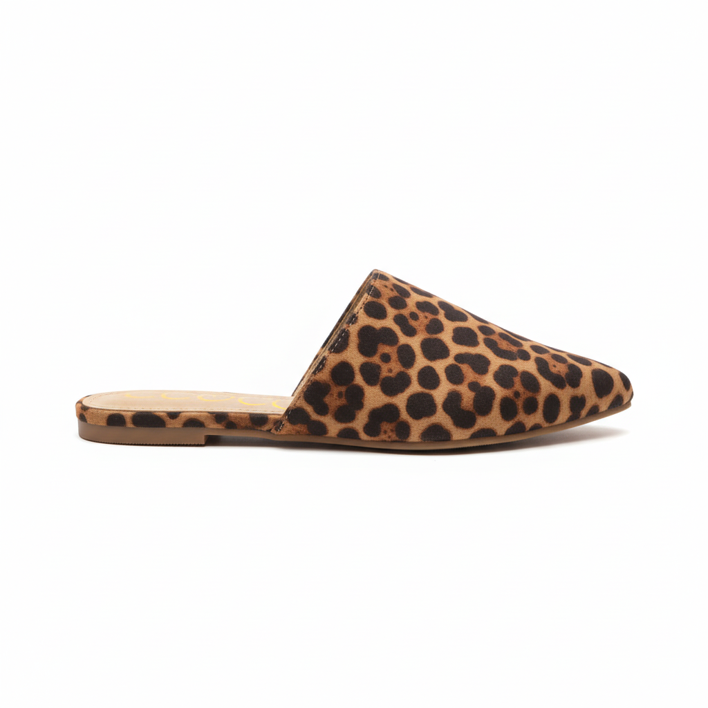 Leopard print slipper on a white background