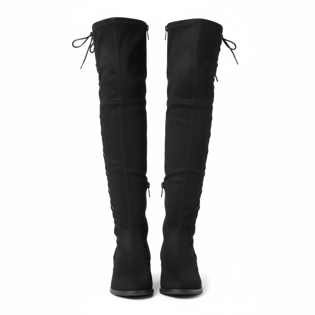 Women's black faux suede over-the-knee boot with side lace-up detail front view - BellanBlue