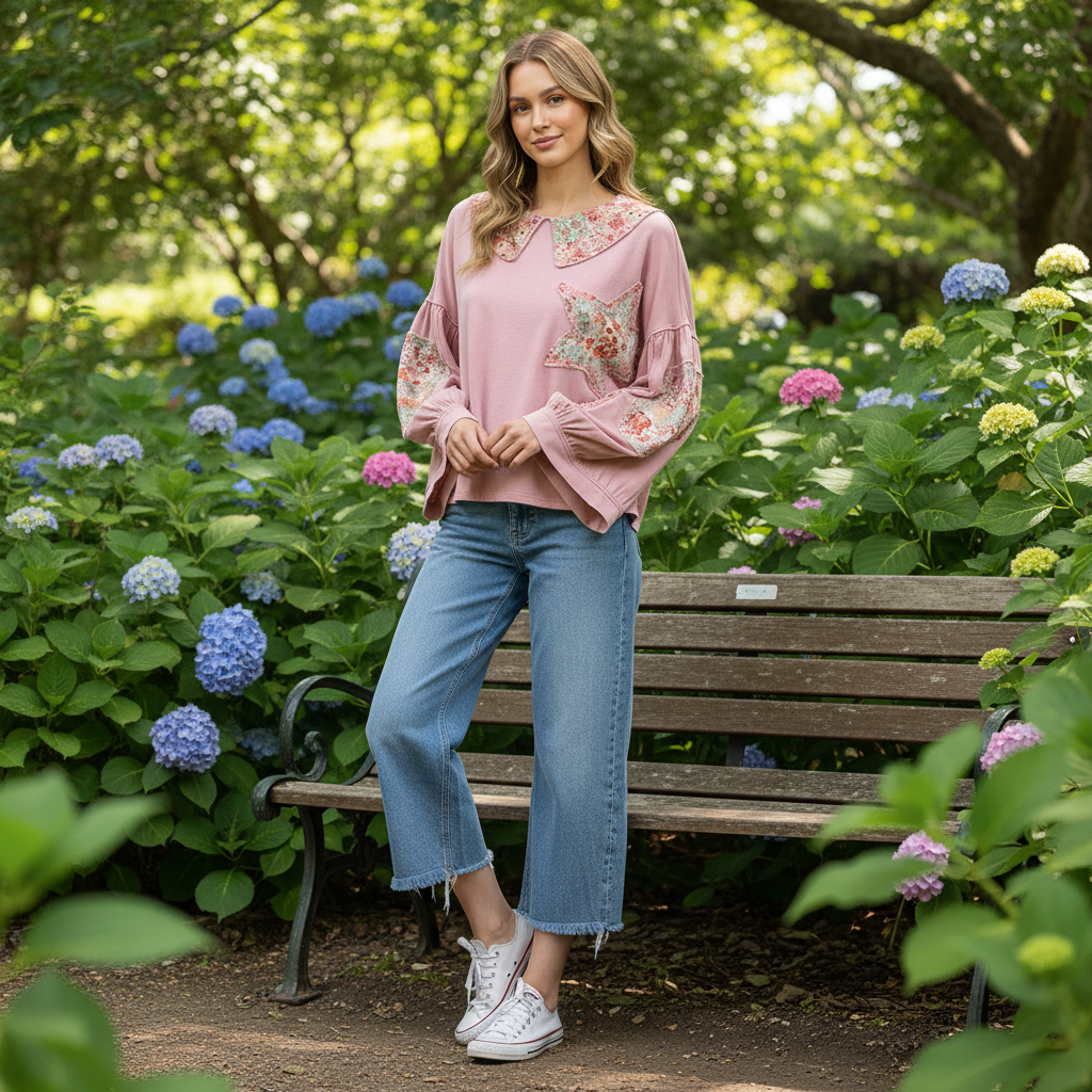 Pink boho patchwork floral top styled on model in relaxed outdoor setting