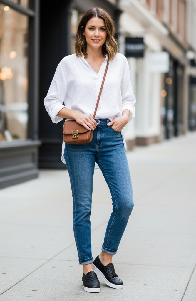 Soda black quilted slip-on platform sneakers styled with straight-leg jeans on a city sidewalk - BellanBlue