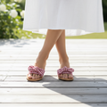 Woman wearing red and white gingham bow sandals lifestyle photo