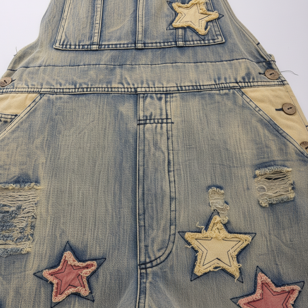 Close-up detail of star patchwork appliqués and distressed denim texture on vintage wash overall jumpsuit