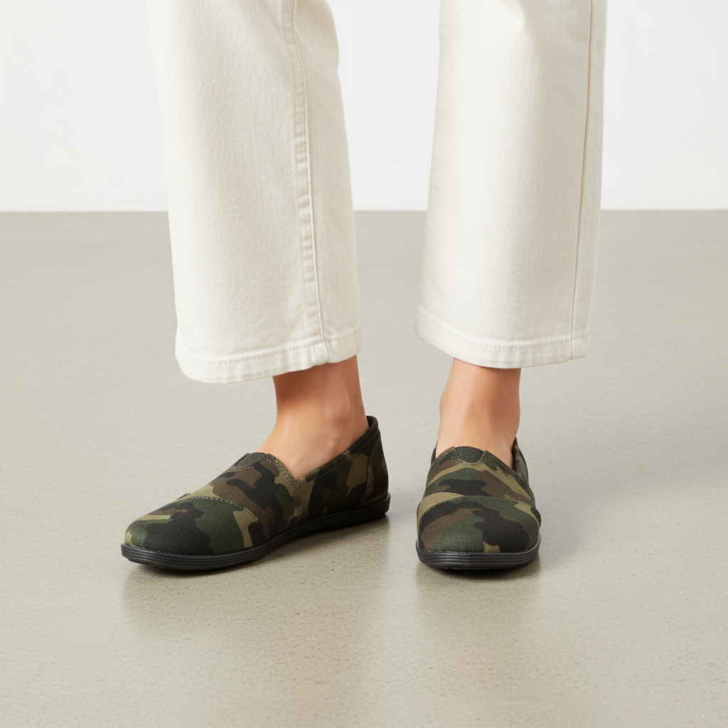 Women's camouflage canvas slip-on flats worn as a pair on concrete with cream wide-leg trousers