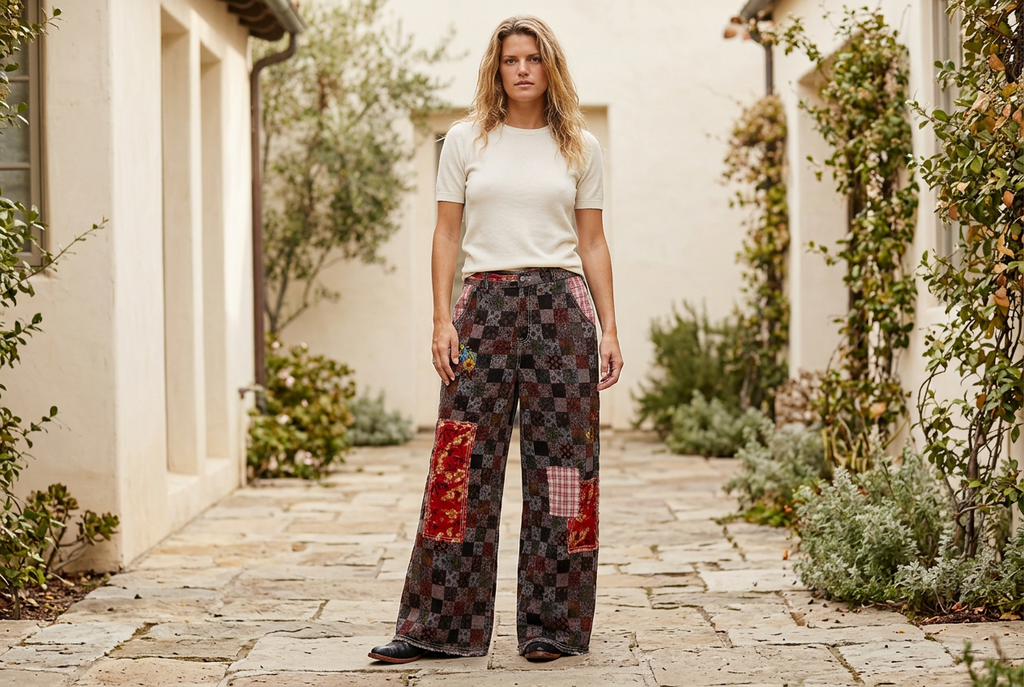 POL Clothing women's burgundy paisley patchwork pants with floral accents, styled in a cream stucco courtyard