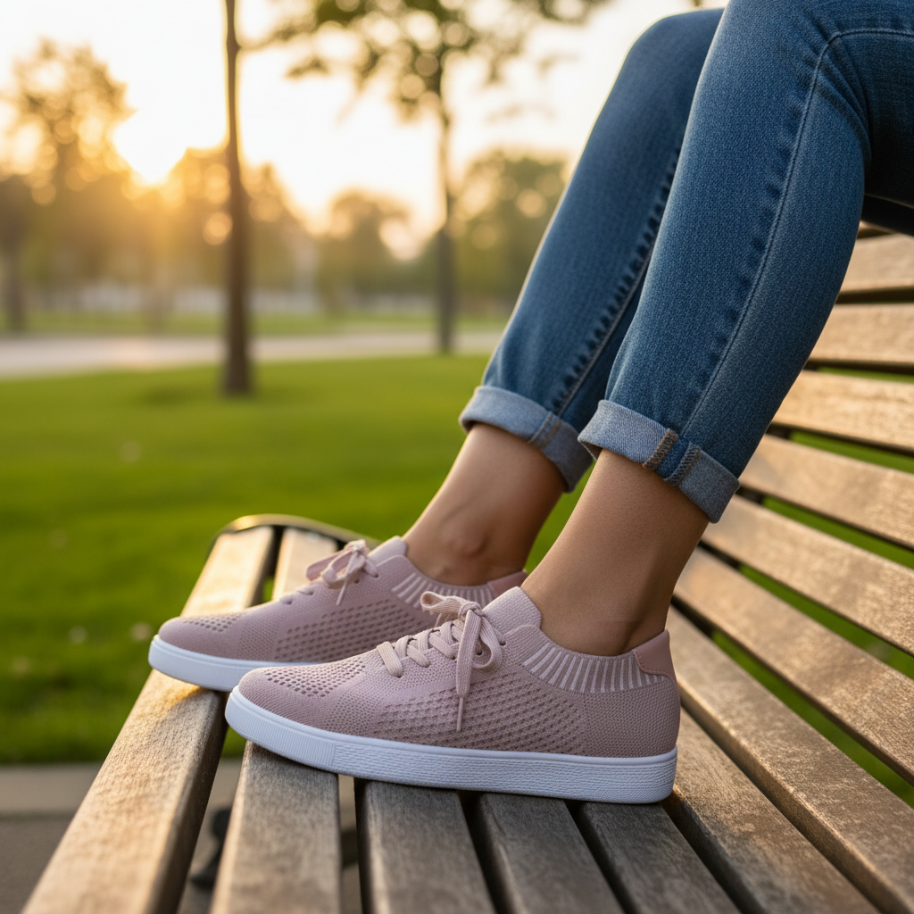 Close-up of women's mauve flyknit lace-up sneakers with white soles worn with denim jeans on a park bench