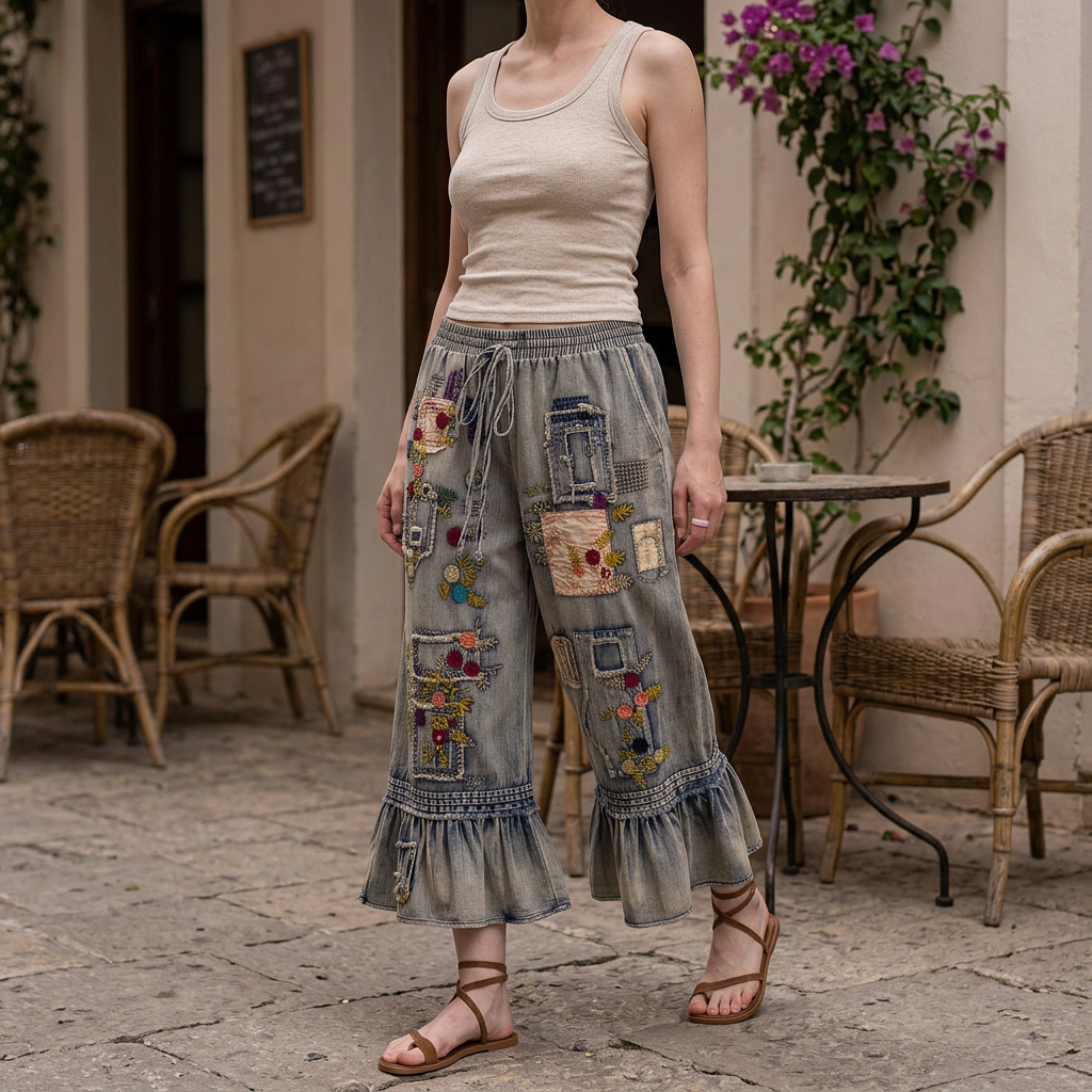 Blue Velvet women's embroidered denim pants with cropped ruffle hems, walking on a cafe terrace
