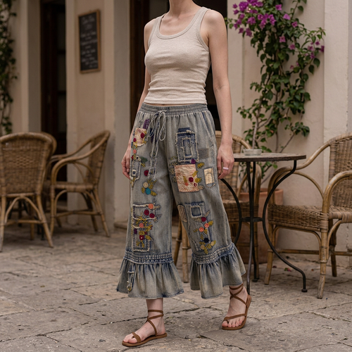 Blue Velvet women's embroidered denim pants with cropped ruffle hems, walking on a cafe terrace