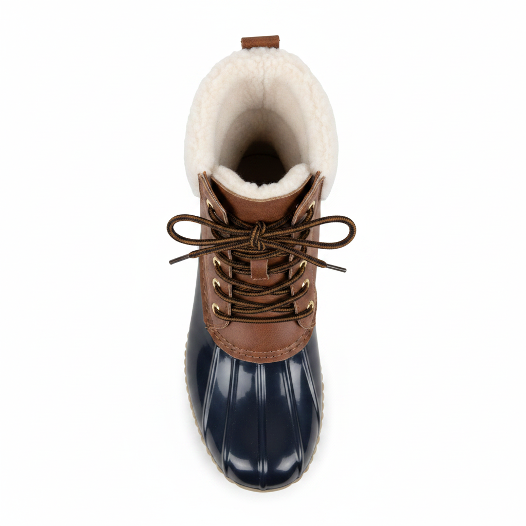 Women's duck boot top-down view showing cream sherpa collar opening and brown lace detail - Yoki