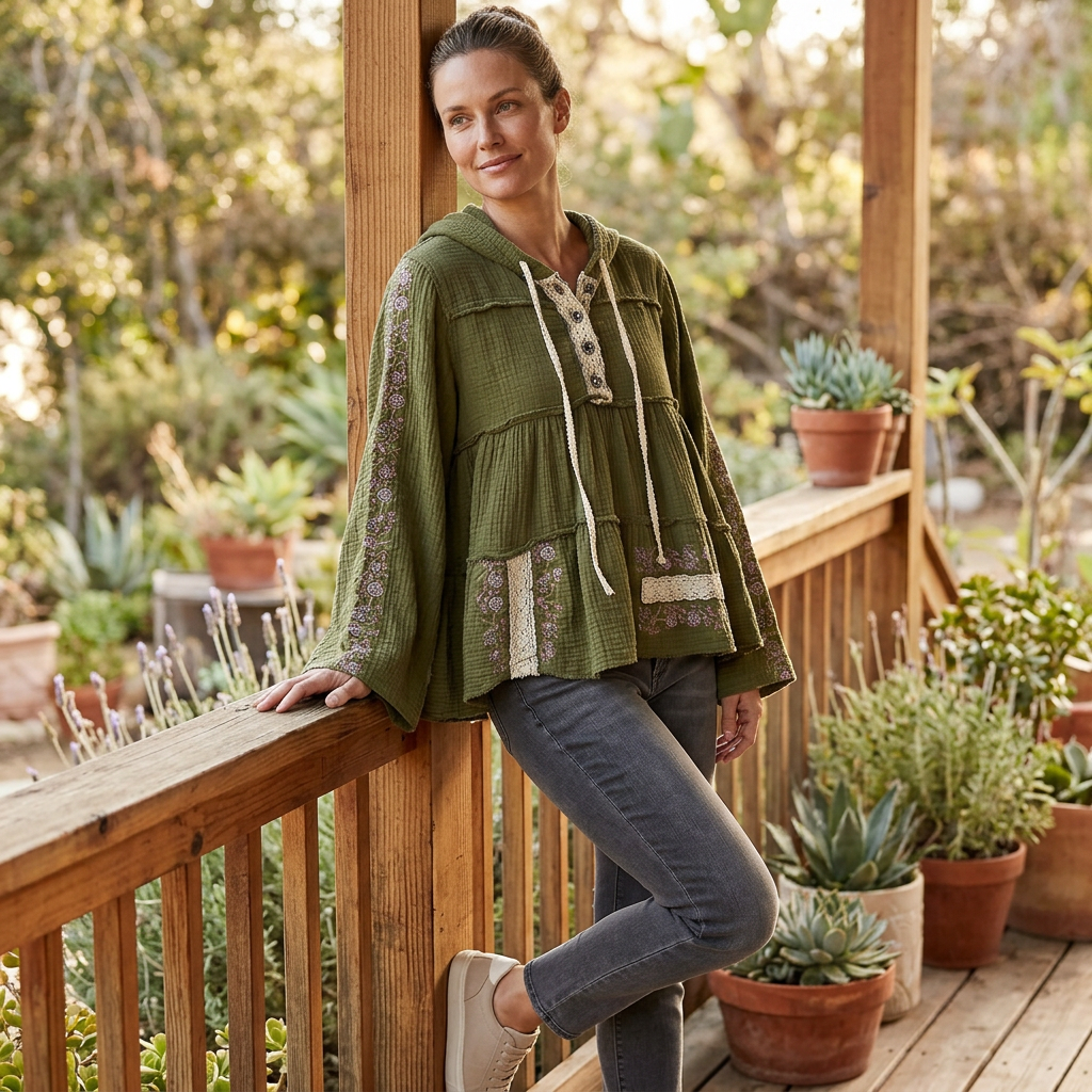 POL Clothing women's Forest Green lace-trim embroidered hoodie styled on a garden porch