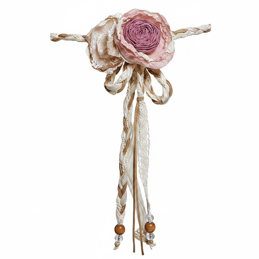 Close-up of two detachable sculpted fabric roses and braided cord detail on women's boho belt