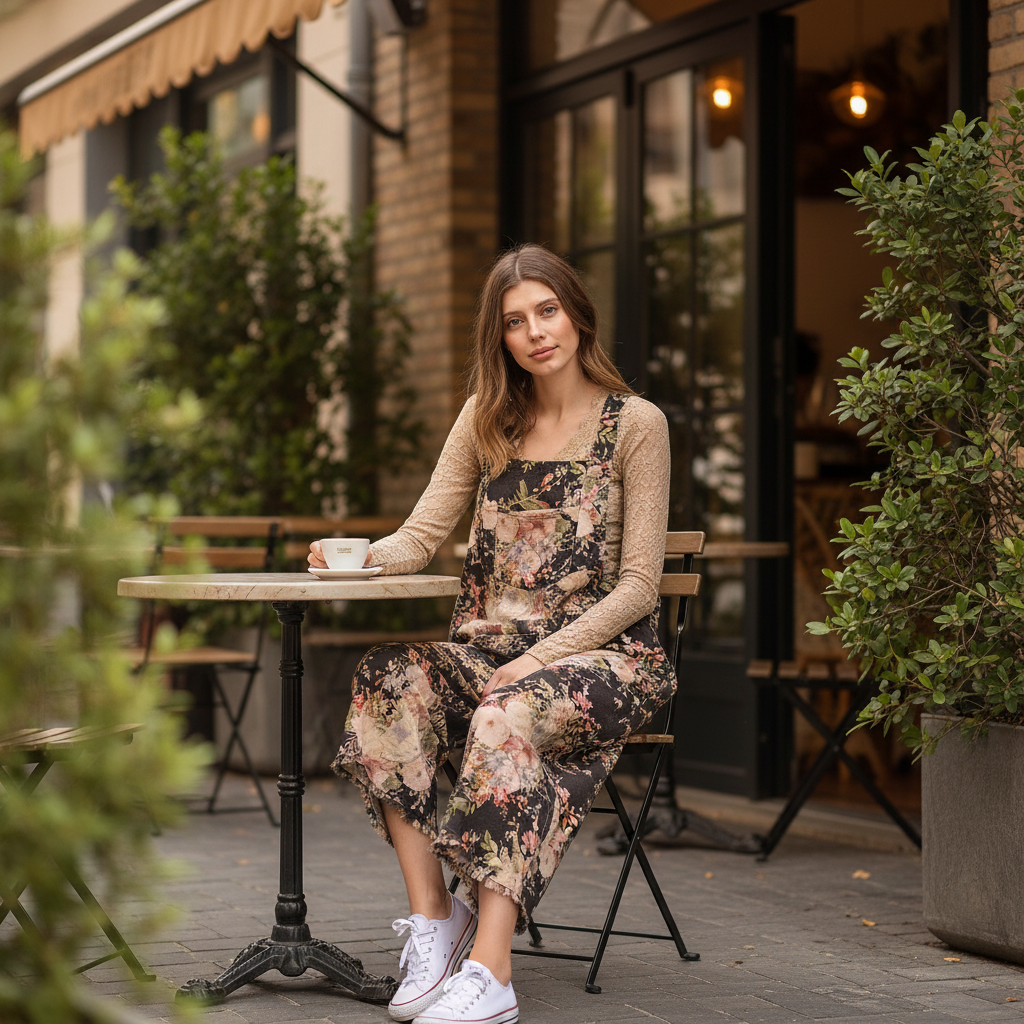 Bluevelvet black floral overalls seated at outdoor café showing wide-leg drape and bib detail