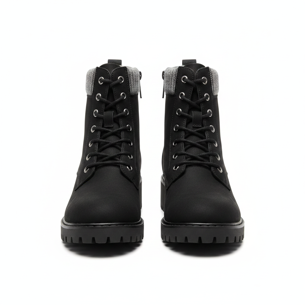 Soda black lace-up ankle boots straight front view, silver eyelets and knit collar trim
