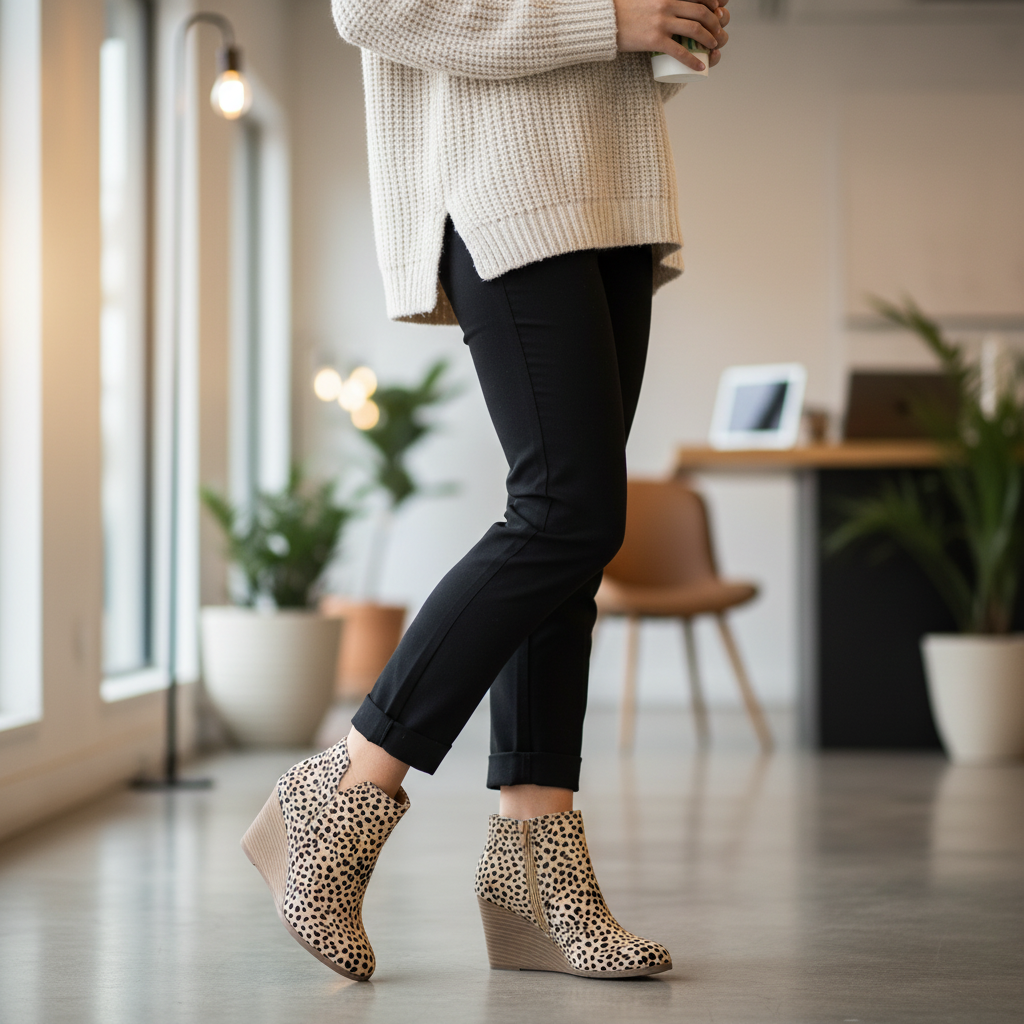 Cheetah print wedge booties styled with black trousers - work to weekend look