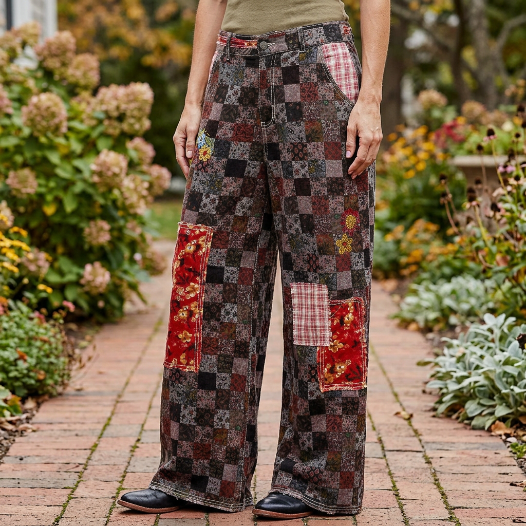 POL Clothing women's burgundy straight-leg pants showing red floral patches and raw hems on a garden path