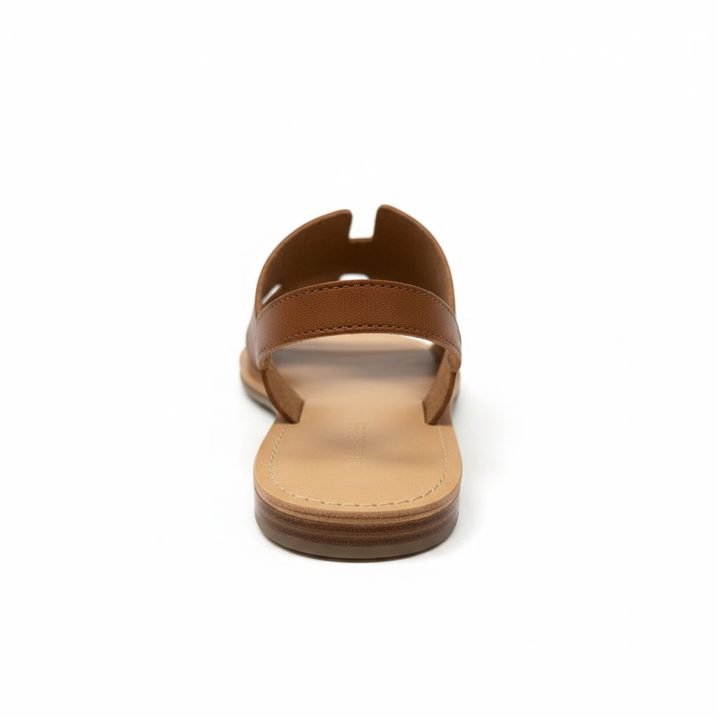 Tan H-strap flat slide sandal, back heel view showing stitched footbed edge, white background