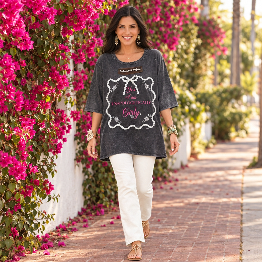 A Rare Bird Shop charcoal Girly graphic tee with sleeves past the elbow and cream pants on a flower-lined path